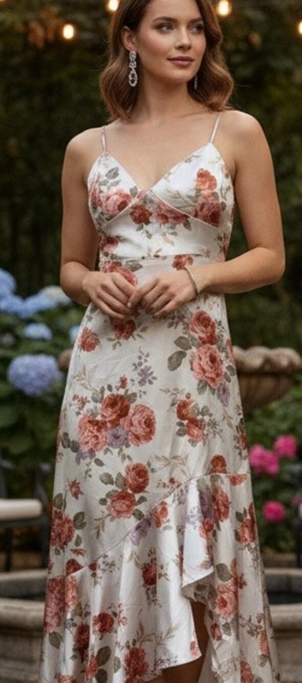 Shein Satin Floral Formal Ruffle Hem Empire Waist Dress/Gown